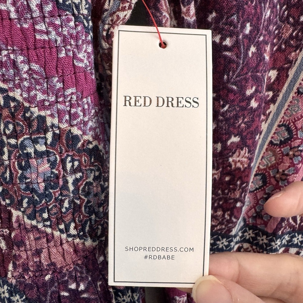 NWT Aura Shop Red Dress XS Purple Boho Patchwork Smocked Long Sleeve Mini Dress - Picture 8 of 14